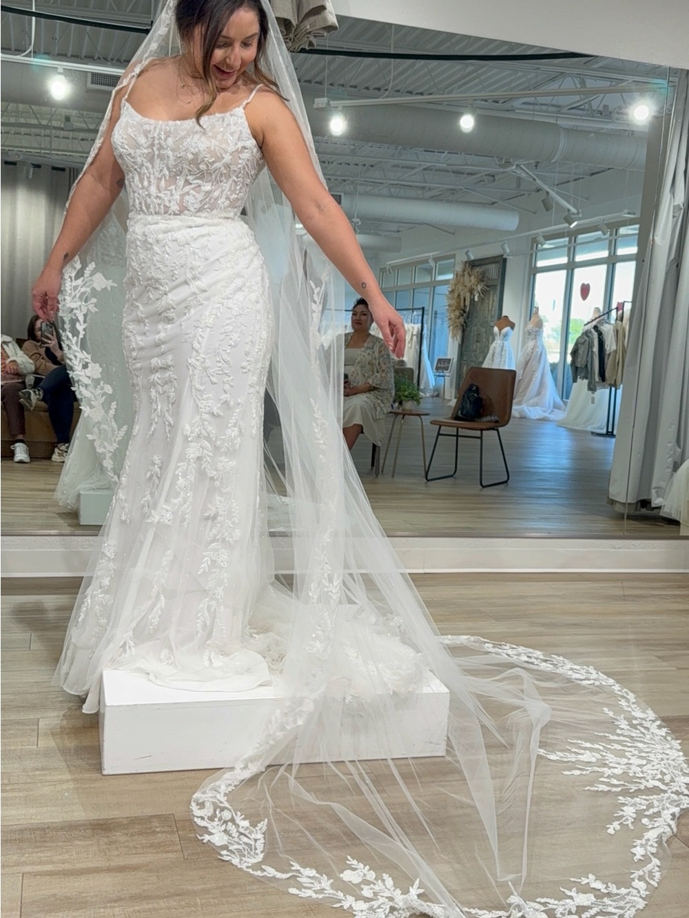 Ivory Lace Applique Bridal Gown with Sheer Bodice and Cathedral Veil Size 12